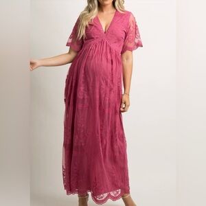 Pinkblush Magenta Lace Mesh Overlay Maternity Maxi Dress